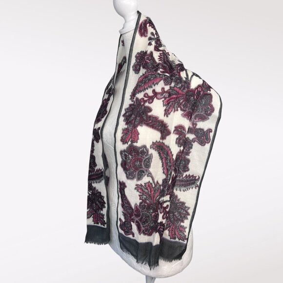 Vintage Floral Print Wool Blend Rectangle Scarf Gray Red White - Picture 3 of 7